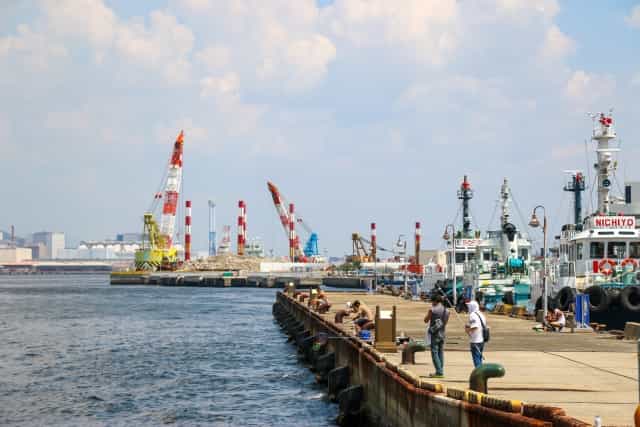 多くの釣り人で賑わう漁港